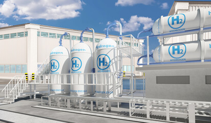 Energy storage system. Hydrogen electrolysis equipment. Electricity from H2. Modern power plant. Equipment for supplying city with energy. Industrial area with hydrogen tanks. 3d rendering. - obrazy, fototapety, plakaty