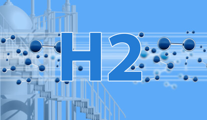 H2 logo. Hydrogen energy. H2 inscription near fragment of power station. Using energy of hydrogen gas. Concept of using hydrogen instead of fuel. H2 banner for advertising sustainable energy. 