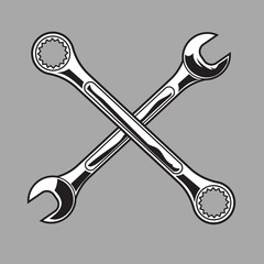 crossed mechanic wrench tools black and white