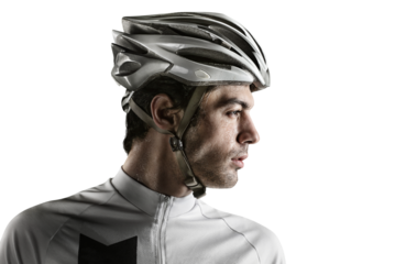 Spost transparent background with copyspace. Cyclist. Dramatic close-up portrait.	