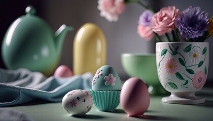 easter still life with eggs and flowers, pastel colors, candle, generative AI