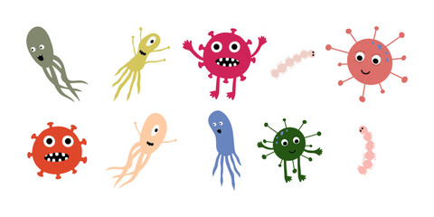 Cute Microorganism isolated on white background. Infectious germ, protist, microbe. Disease causing bacteria, viruses. Bright colored cartoon kids vector illustration.