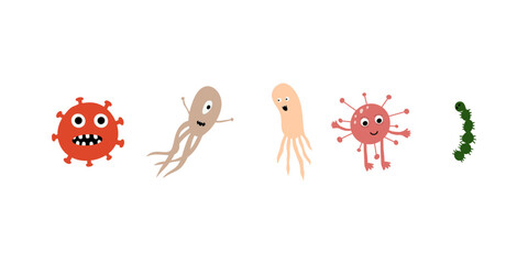 Cute Microorganism isolated on white background. Infectious germ, protist, microbe. Disease causing bacteria, viruses. Bright colored cartoon kids vector illustration.
