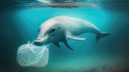 Obraz premium Large dolphin fish stuck in a plastic bag floating, trash in the water in the ocean and on the bottom, eco problems. generative AI