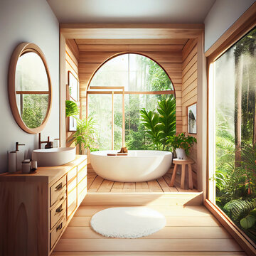 Comfortable bright bathroom with a boho-chic interior design, a free-standing white bath against the background of a panoramic window. hanging decor from dry grass.