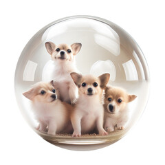 cute puppies in glass ball, isolated on transparent background cutout, generative ai.