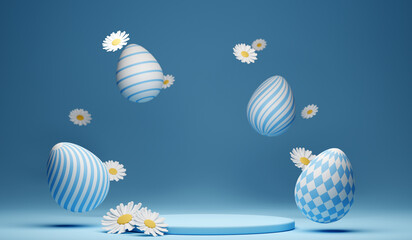 3d Happy Easter banner with little kawaii white rabbit with podium - 573545173