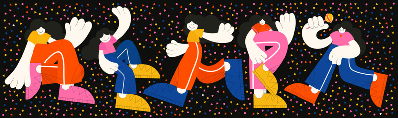 Retro cartoon characters emo girls. 90's hippie stickers in groovy style. Set of comic elements in trendy vintage funky style.Vector illustration