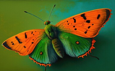 Green and orangde butterfly. Generative ai.