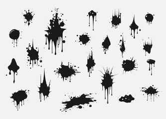 Set of blots and stains isolated on white background. Black spots of ink paint. Set for grunge splatter textures. Collection of various ink splashes. Vector illustration