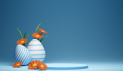 3d Happy Easter banner with little kawaii white rabbit with podium - 573545379