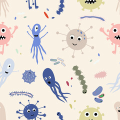 Cute Microorganism seamless pattern. Infectious germ, protist, microbe. Disease causing bacteria, viruses. Bright colored cartoon kids print