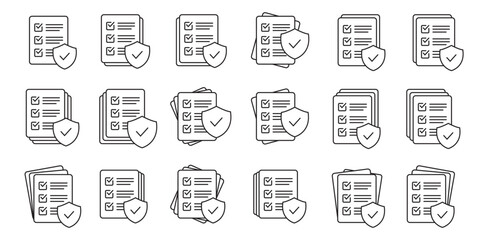 Checklist and shield line icon, Insurance policy concept, data document security, vector icon.