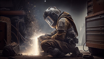 Skillful metal worker working with plasma welding machine in shipyard while wearing safety equipment. Metalwork manufacturing and construction maintenance service by manual skill labor concept.