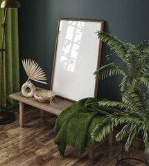 Fototapeta na wymiar Frame mockup in dark green home interior, 3d render 