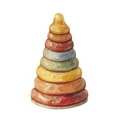 Watercolor vintage illustration with children's pyramid toy Isolated on white background.