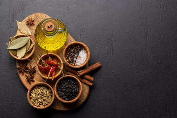 Various spices and olive oil