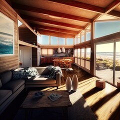 Fototapeta premium living room in Modern wooden beach house. Generative AI.
