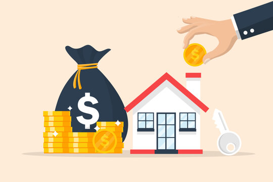 saving money for home loan. holding coin with home and bag money. real estate trading. Buying and selling house from banks. Mortgage and Lease. vector illustration flat design.