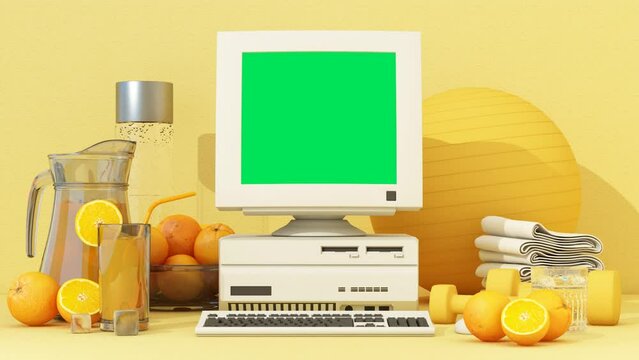 healthy concept and exercise with exercise equipment and citrus fruits and orange juice on a white background surrounded by natural objects and gadget screen chromakey animation looping. 3d rendering