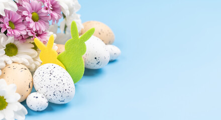 Easter eggs and flower bouquet
