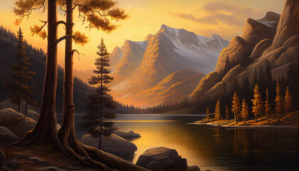 The tranquility of a still and glassy lake is enhanced by the gentle light of dawn illuminating a pristine mountain range