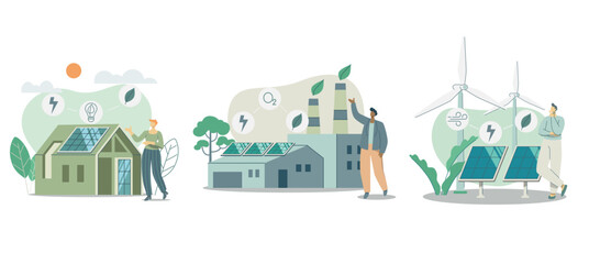 Fototapeta premium Set of sustainable, House with solar panels, Environmental protection factory. Wind Turbine Generates Electricity Conserves Nature, Ecological life alternative energy. Vector illustration.
