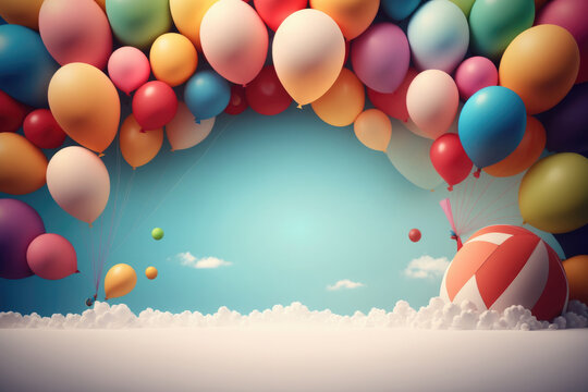 Birthday background with balloons. Illustration AI Generative