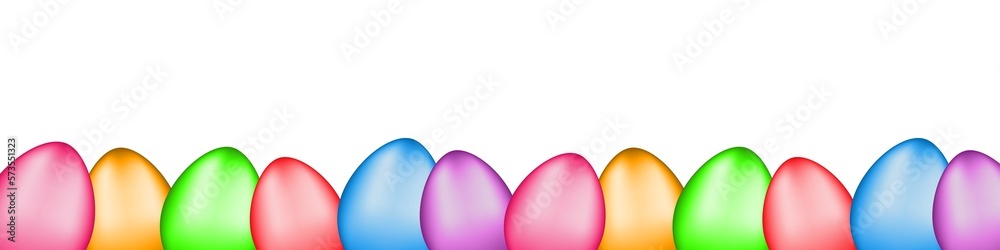 Poster Set of multicolored glossy Easter eggs located at the bottom. 12 colored eggs on transparent background. Easter, the symbol of the holiday. Stock PNG image