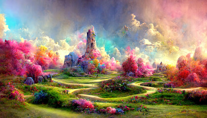 Amazing 3d rendering of a colorful fantasy landscape, Detailed, colored. Generative Ai