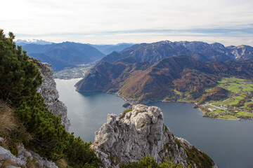 Lake Traunsee and Alps seen from Traunstein, Upper Austria, Austria