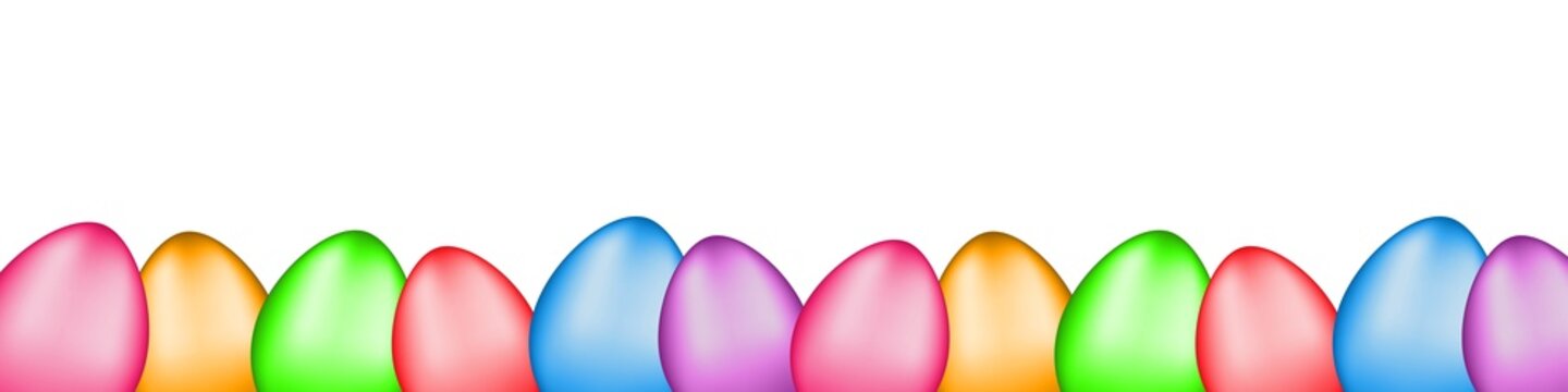 Set of multicolored glossy Easter eggs located at the bottom. 12 colored eggs on transparent background. Easter, the symbol of the holiday. Stock PNG image