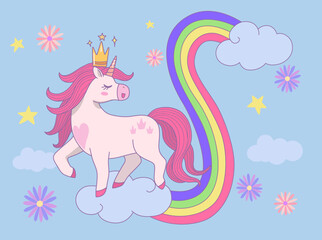 Cute princess unicorn wearing a crown walking on clouds with rainbow. Vector design illustration.