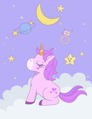 Cute unicorn sitting with eyes closed on the cloud with star in the sky. Vector design illustration.