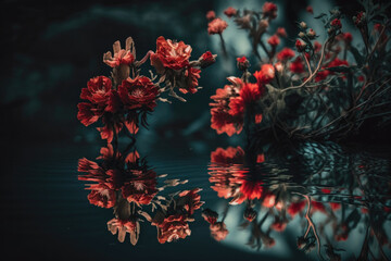 Red flowers reflected in water Illustration AI Generative