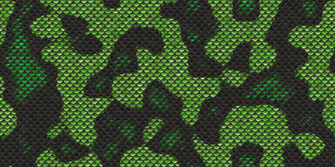 Black and green dangerous wildlife backdrop. Snake leather seamless textures. Reptile skin...