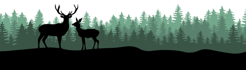 Black silhouette of wild deer family and green forest fir trees camping wildlife landscape panorama illustration icon vector for logo, isolated on white background