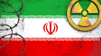 Radiation sign on the background of flag of Iran. The risk of nuclear war and radiation pollution.