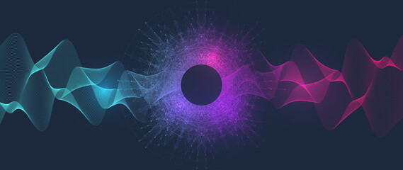 Music poster for electronic festival with dotted lines and waves. Party flyer cover design concept. Distorted music wave equalizer. Abstract amplitude of sound, Illustration