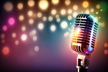 Fototapeta na wymiar Retro style microphone on a stage with bokeh lights in background. generative ai. Microphone