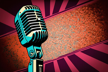 Retro style microphone on a stage with comic background. generative ai. Microphone - obrazy, fototapety, plakaty