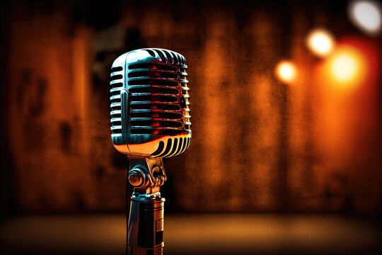 Retro style microphone on a stand up comedy stage with bokeh lights in background. generative ai. Microphone