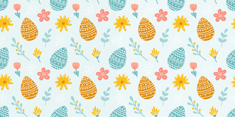 Easter seamless pattern with eggs, flowers and plants on blue background. Vector flat illustration