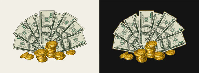 US 100 dollar bills fan with stacks of gold coins, dollar sign. Cash money. Concept of success and lucky investment. Illustration on black, white background.
