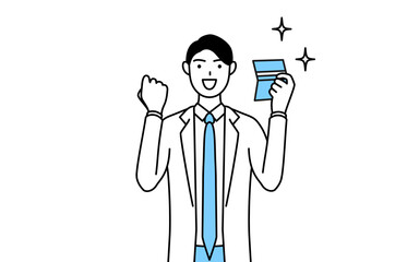 預金通帳を見て喜ぶ白衣を着た男性医師