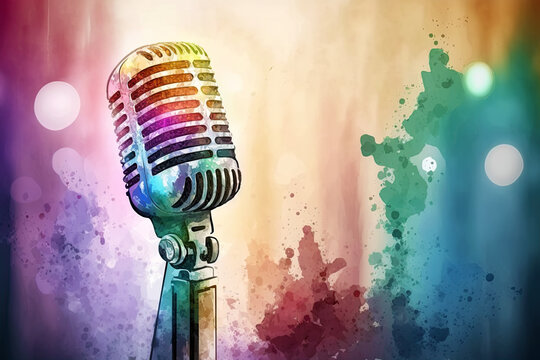 Retro style microphone on a stage with watercolor background. generative ai. Microphone