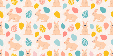 Easter bunnies, multicolored eggs, vector seamless pattern