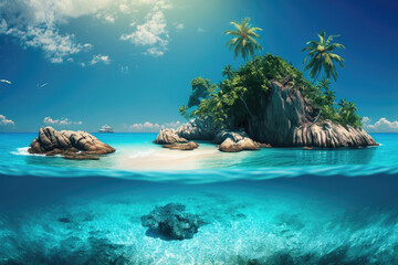 Fototapeta na wymiar Blue tropical island in ocean background. Illustration AI Generative
