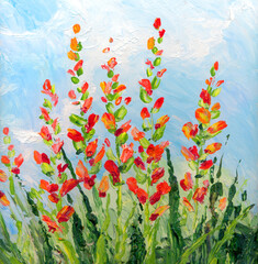 Oil painting. Red flowers in a flower bed