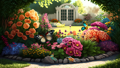 Fototapeta na wymiar A Vibrant Summer Garden Filled With Colorful Flowers - Generative AI